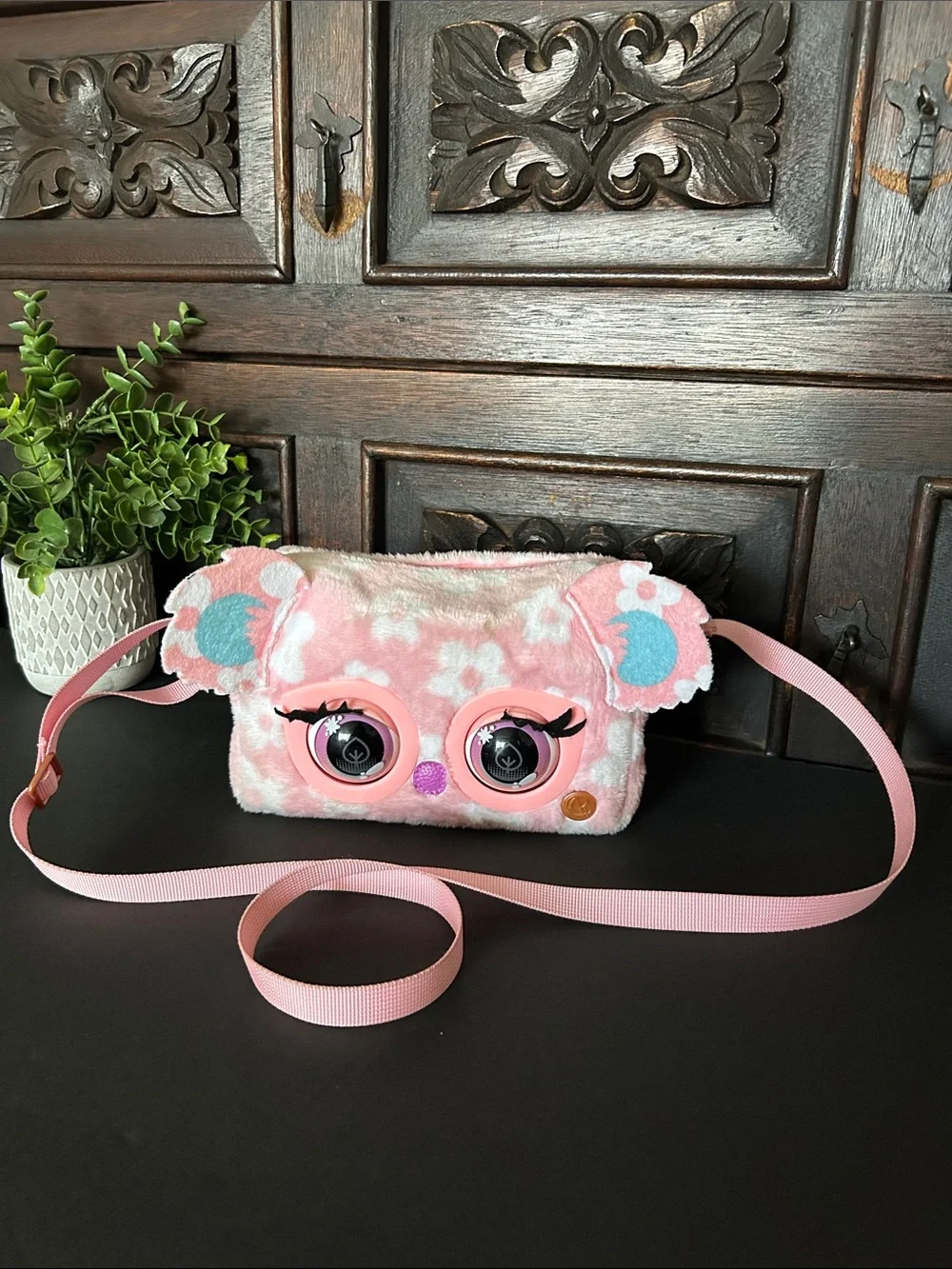 Kids Pink Plush Animal Crossbody Bag - Unbranded